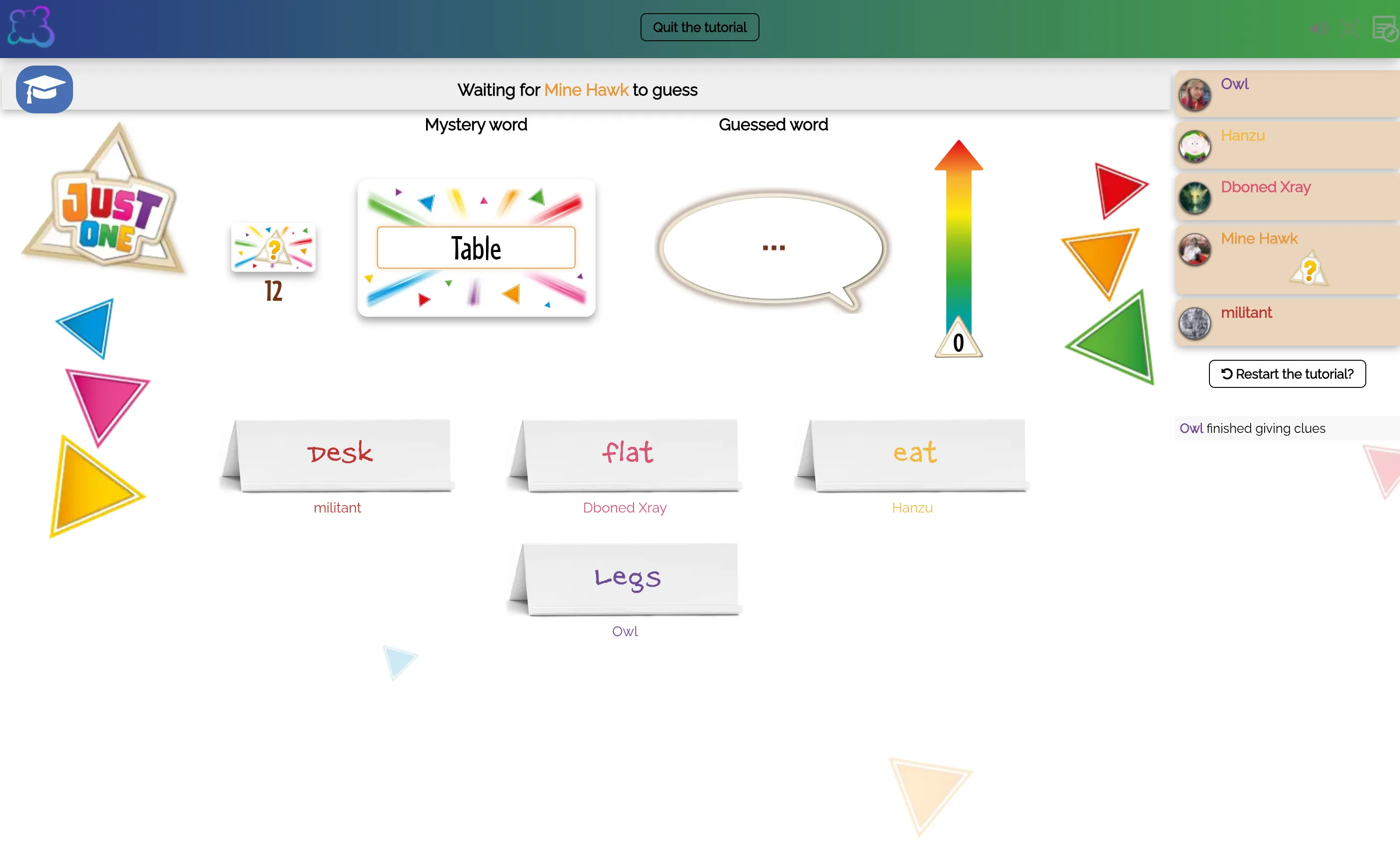 Screenshot of Just One being played on BoardGameArena